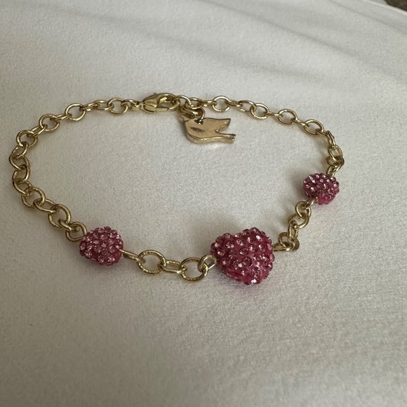 Jewelry - Gold tone pink rhinestones crystals puffed hearts dove hangtag charm bracelet